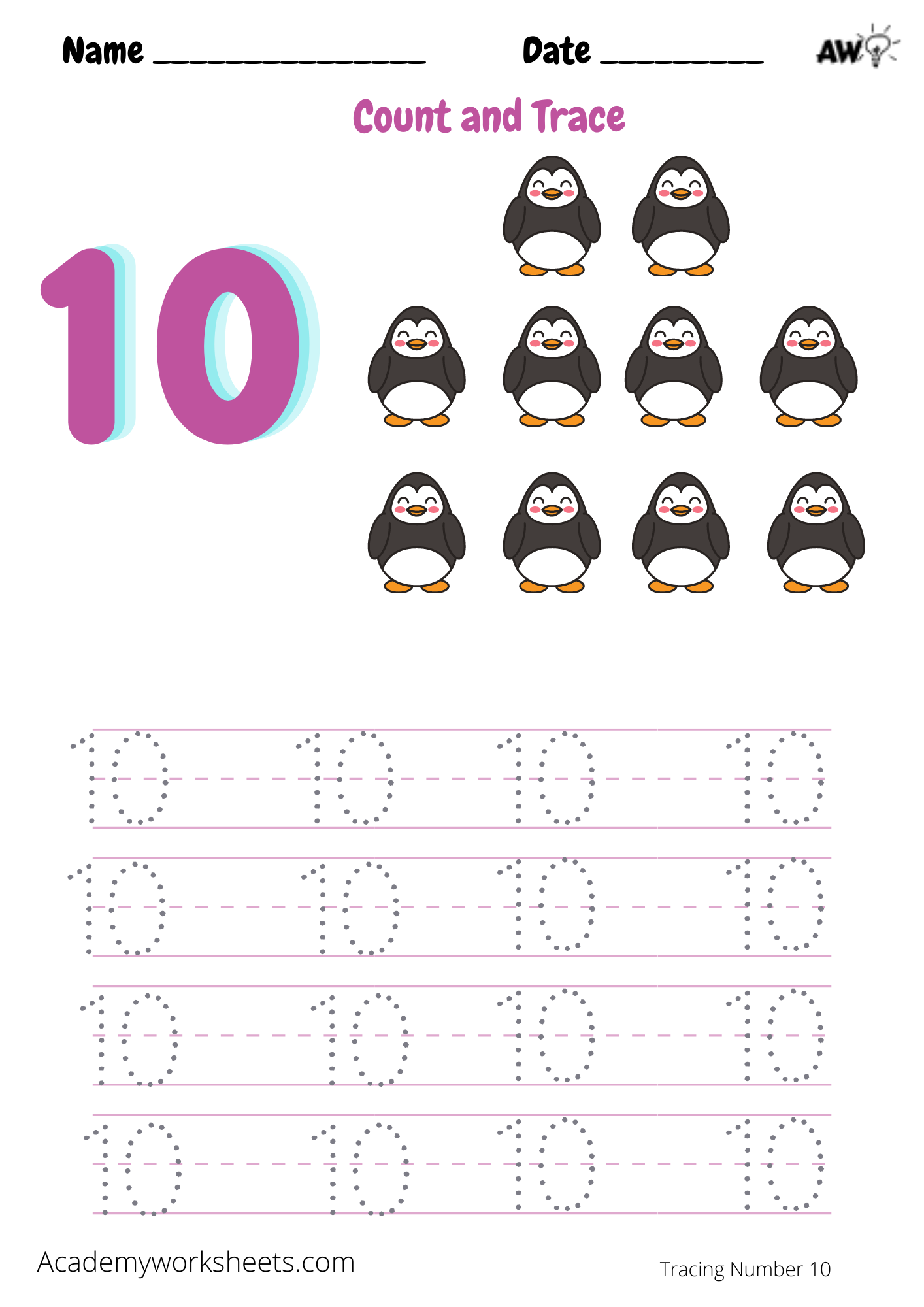 The Number 10 - Tracing tracing numbers 10 - Academy Worksheets