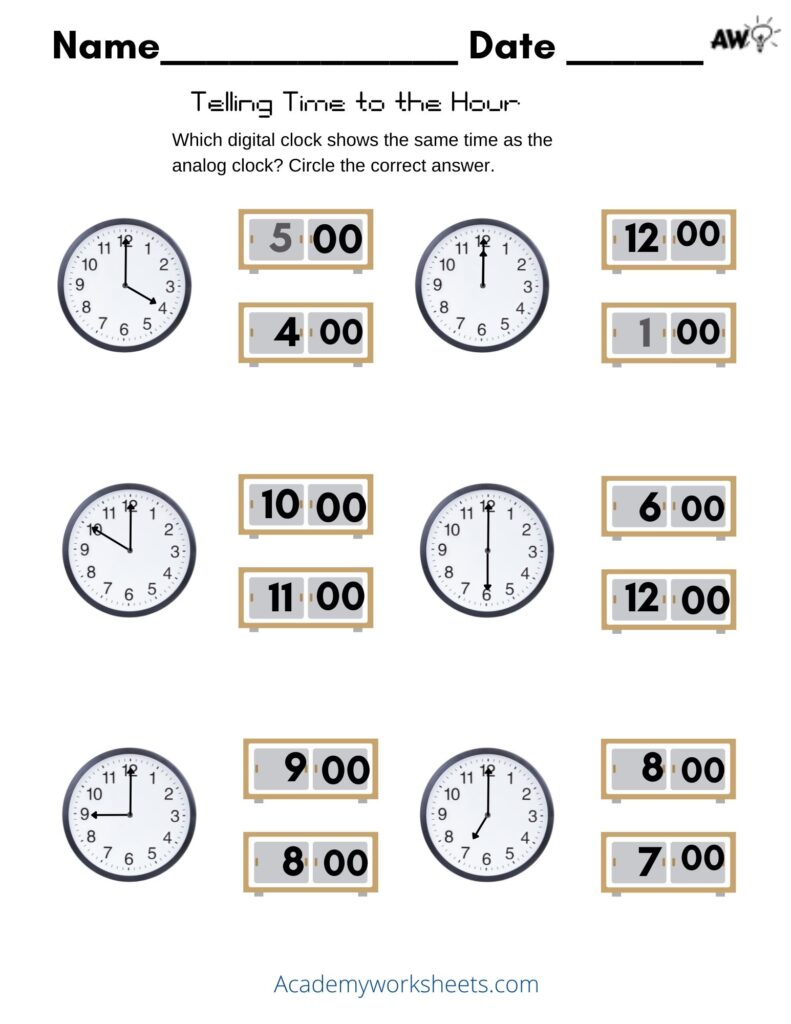 Telling time to the hour worksheets