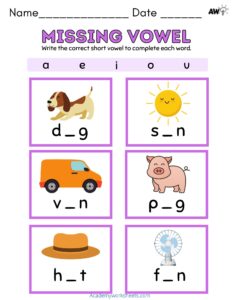 missing short vowel worksheet free