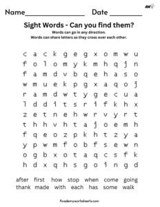 word search first grade sight words