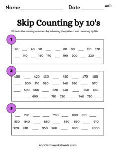 10 to 1000 free skip counting worksheets