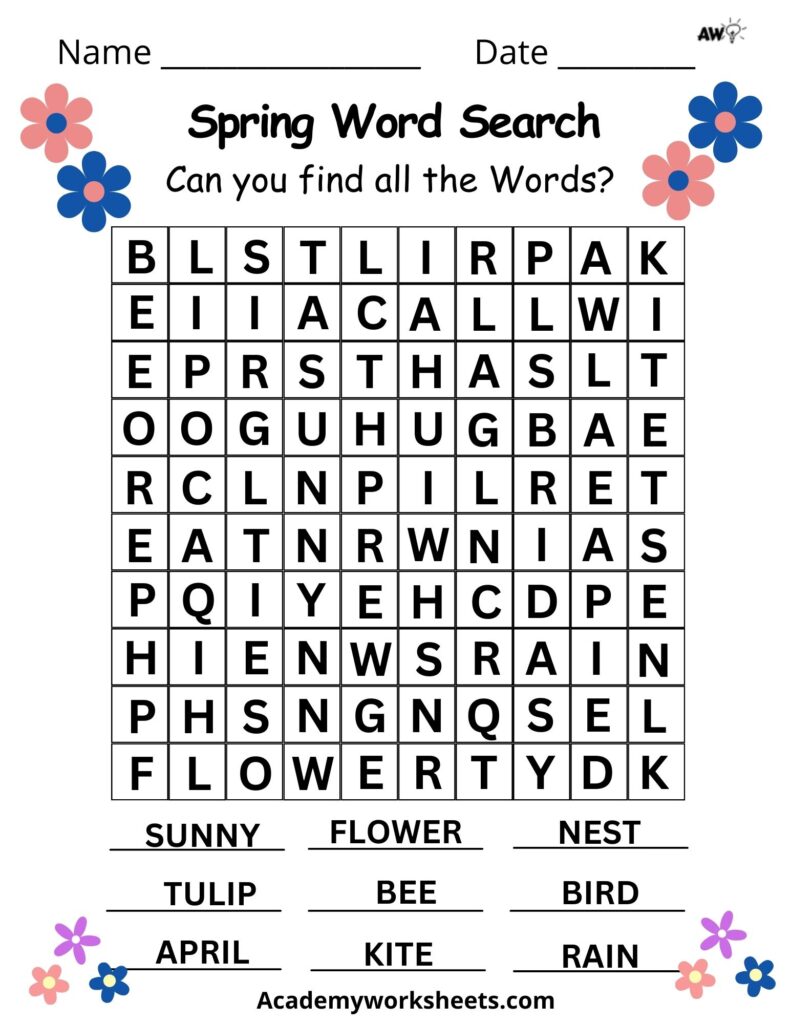 spring word search for children. find the words that relate to spring